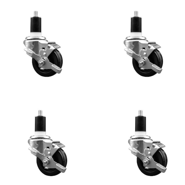 3'' SS Phenolic Swivel 1-1/2'' Expanding Stem Caster Set with Brake, 4PK